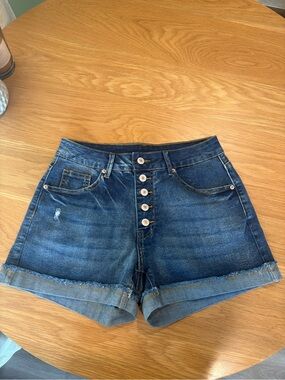 High-Rise Dark Blue Denim Button-Front Women's Shorts